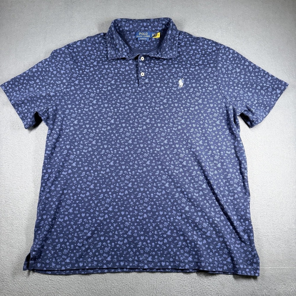 Polo Ralph Lauren Polo Shirt Mens XL Blue Floral Classic Fit Pony Logo Cotton